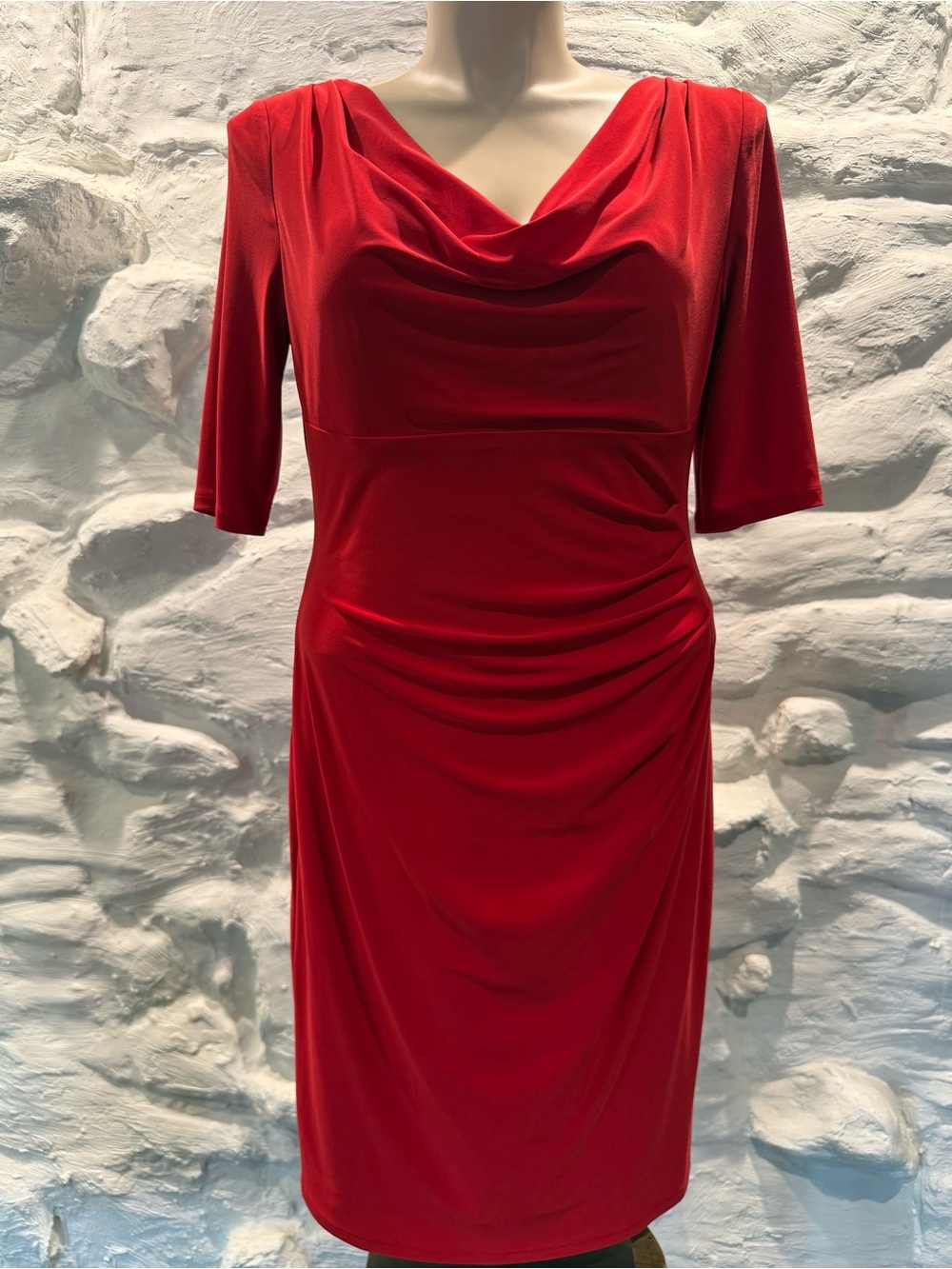 Lauren Ralph Lauren Elegant Draped Red Sheath Dress 3/4 Sleeve Size 16
